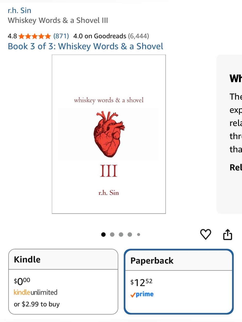 r.h. Sin Whiskey Words & a Shovel III - Cover Paperback - Brand New